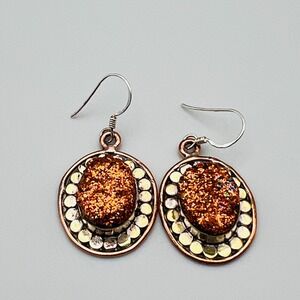 Copper Tone Druzy Style Earrings Dangle Oval Sparkle Artisan Boho Mixed Metal